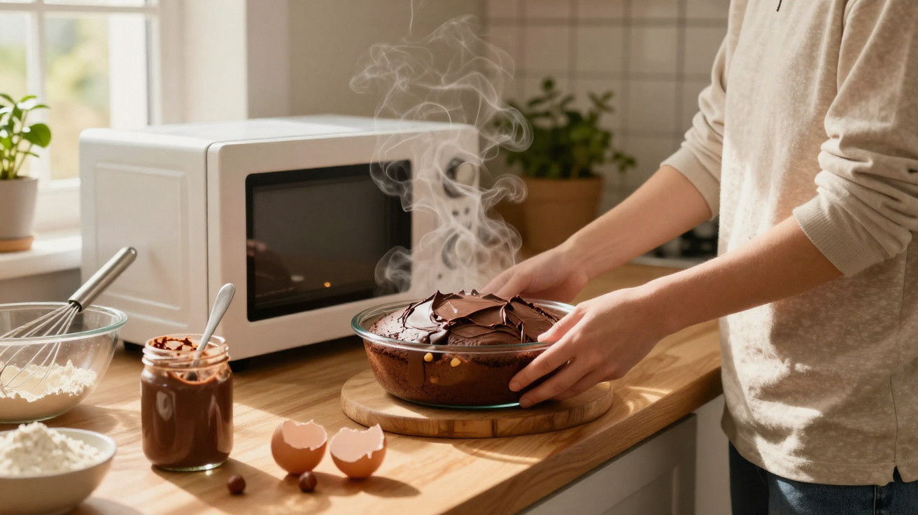 Pessoa a retirar do fogão um prato com bolo de chocolate quente numa cozinha iluminada.