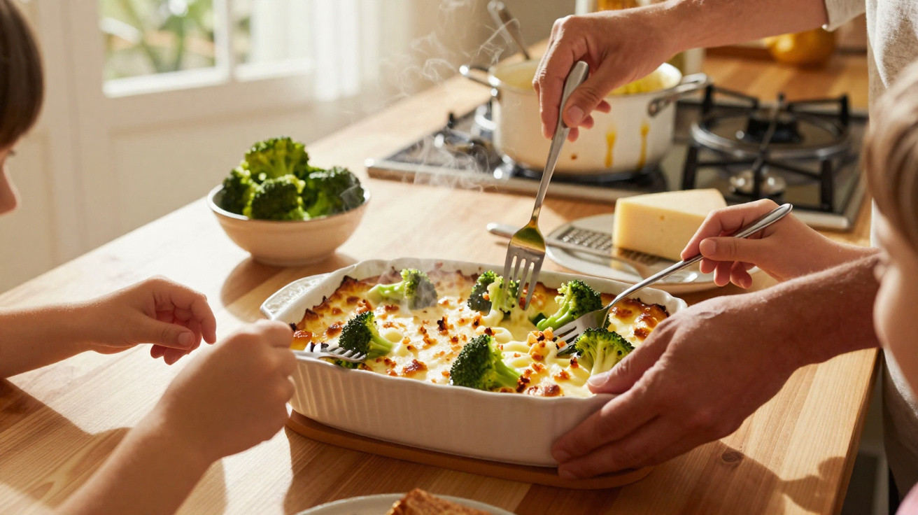 Família a servir-se de uma refeição quente de gratinado de brócolos numa cozinha acolhedora.