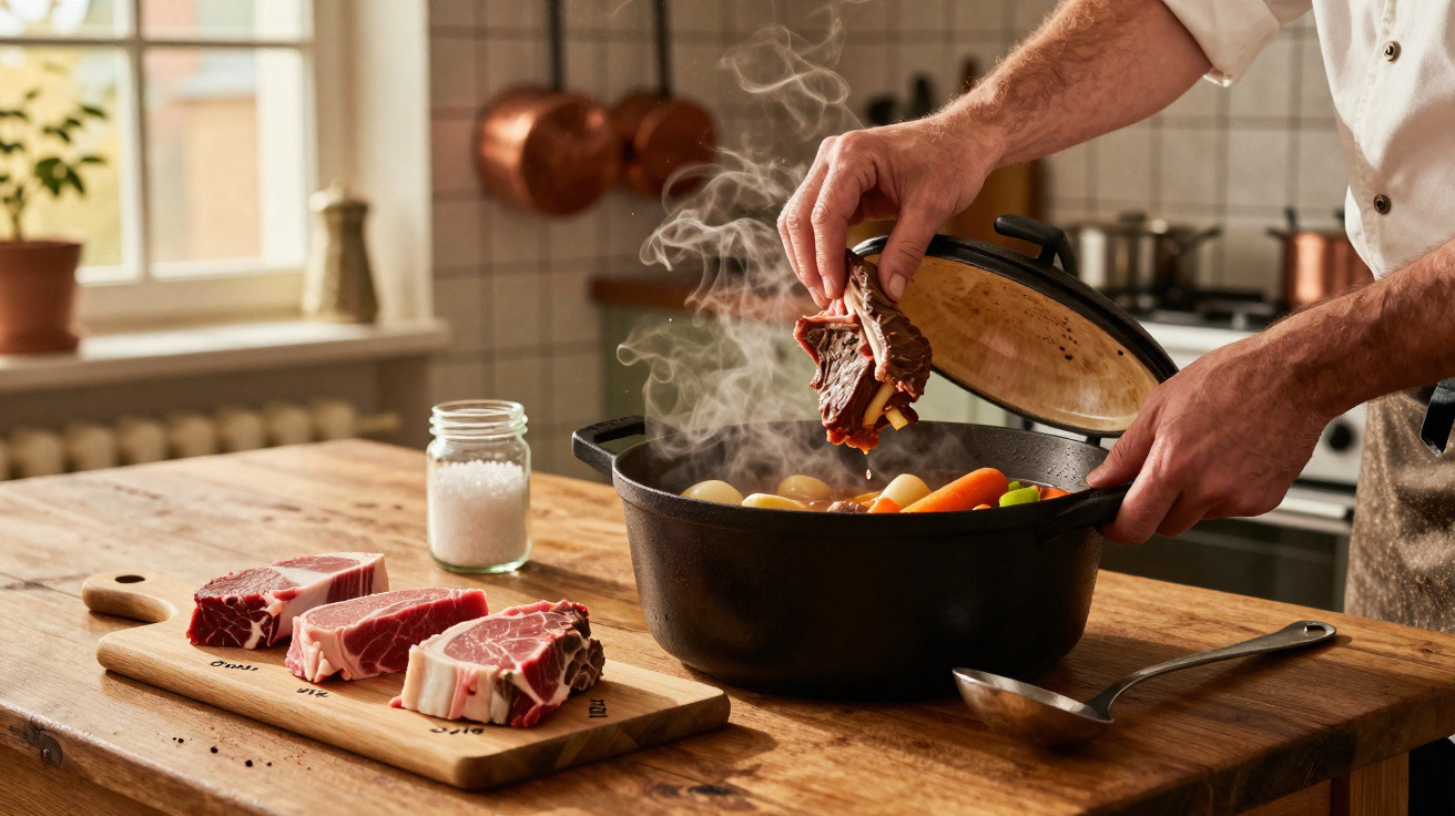 Pessoa a colocar carne numa panela com legumes numa cozinha rústica.