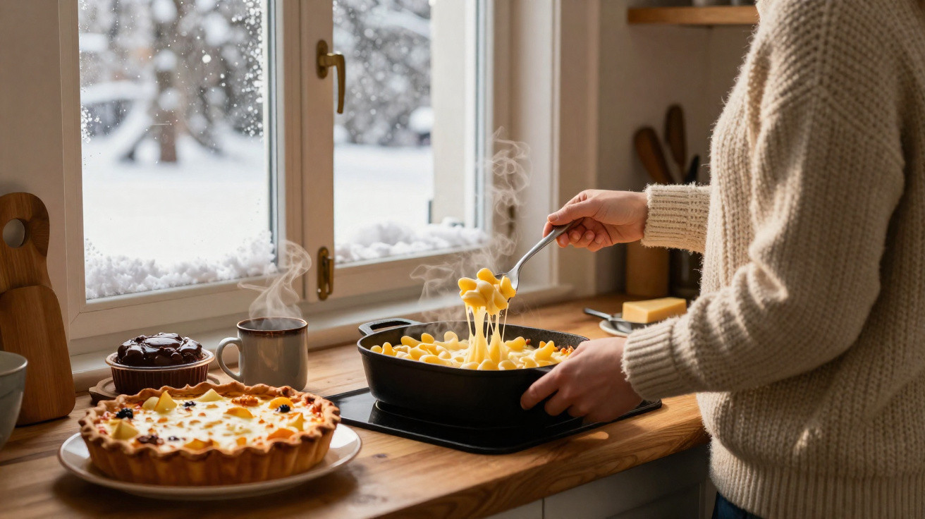 Pessoa a preparar massa quente numa cozinha com janela e paisagem de neve lá fora.