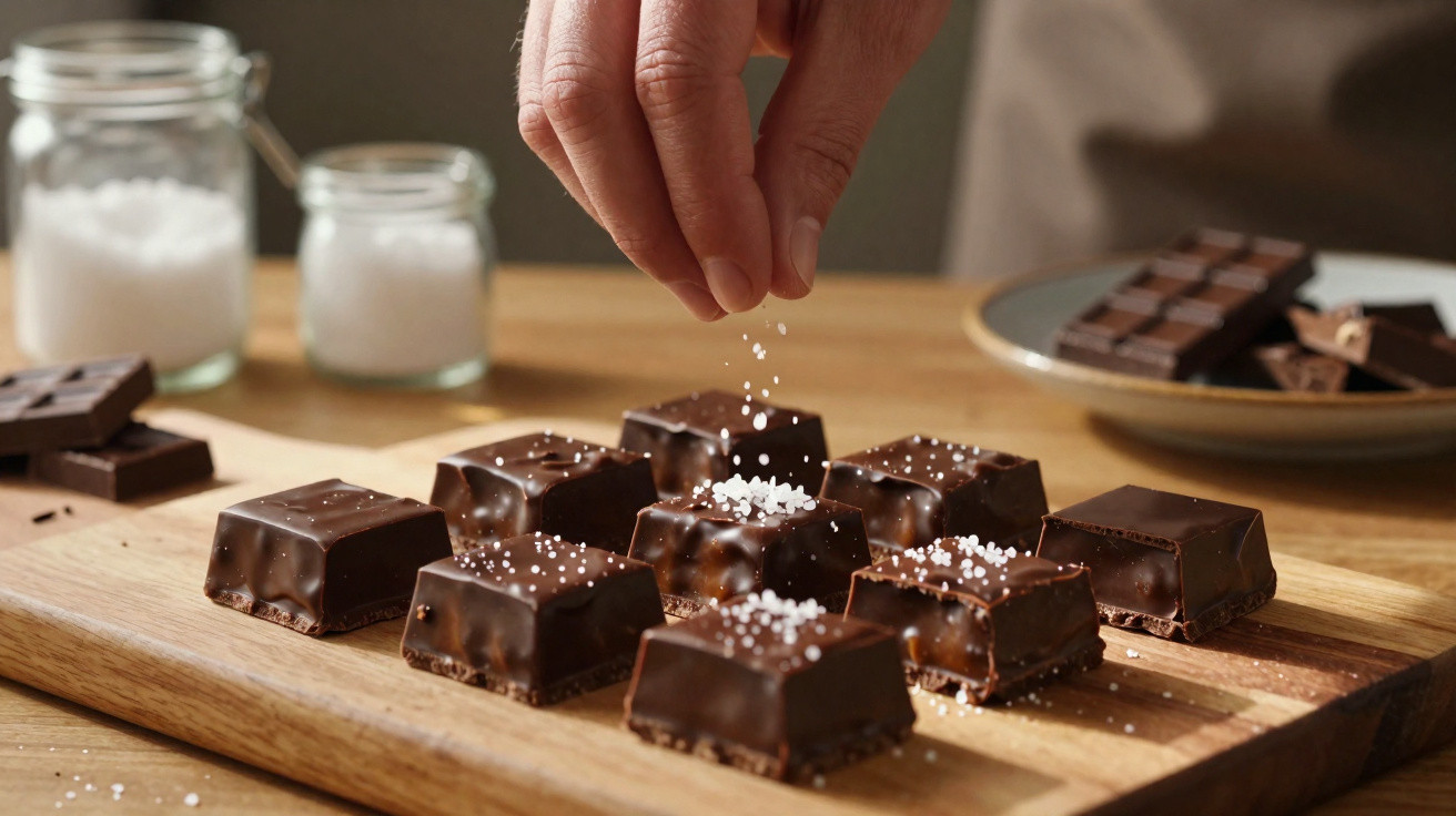 Mão polvilha sal grosso sobre quadrados de chocolate preto numa tábua de madeira.