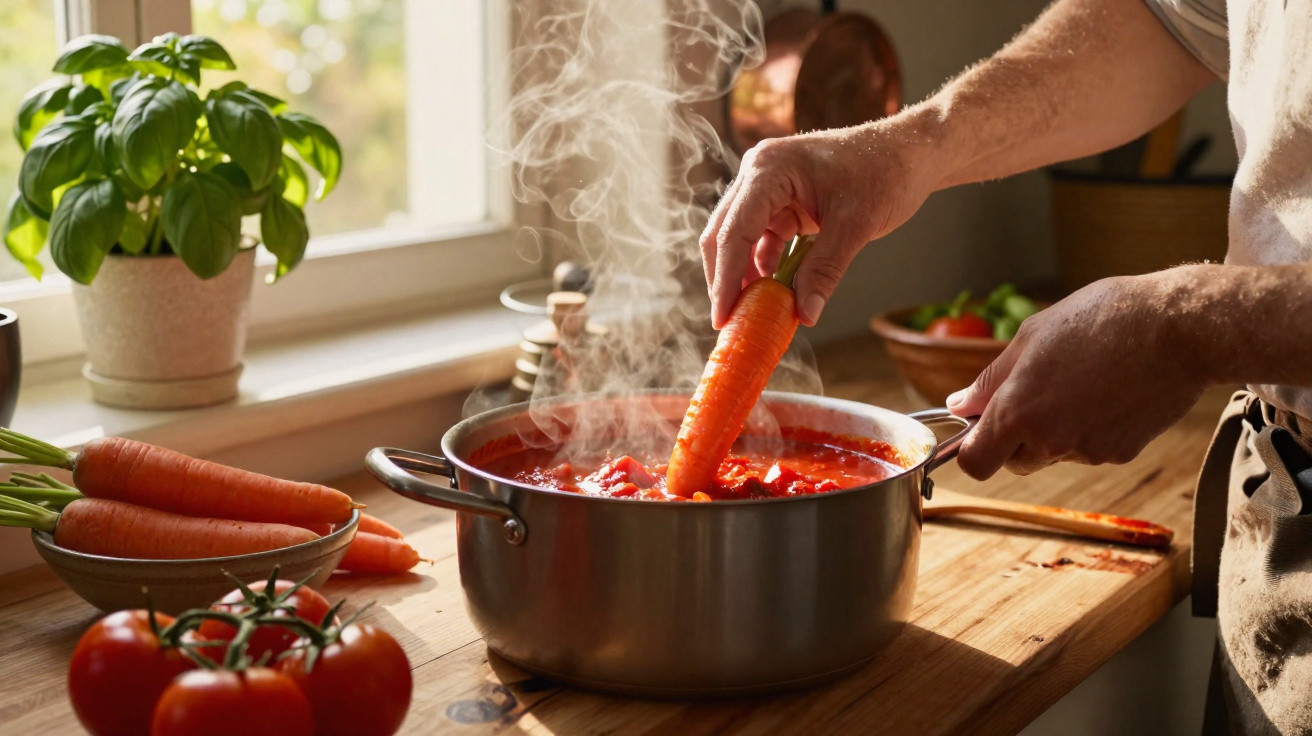 Pessoa a cozinhar molho de tomate quente com cenoura numa panela num fogão de cozinha iluminada.