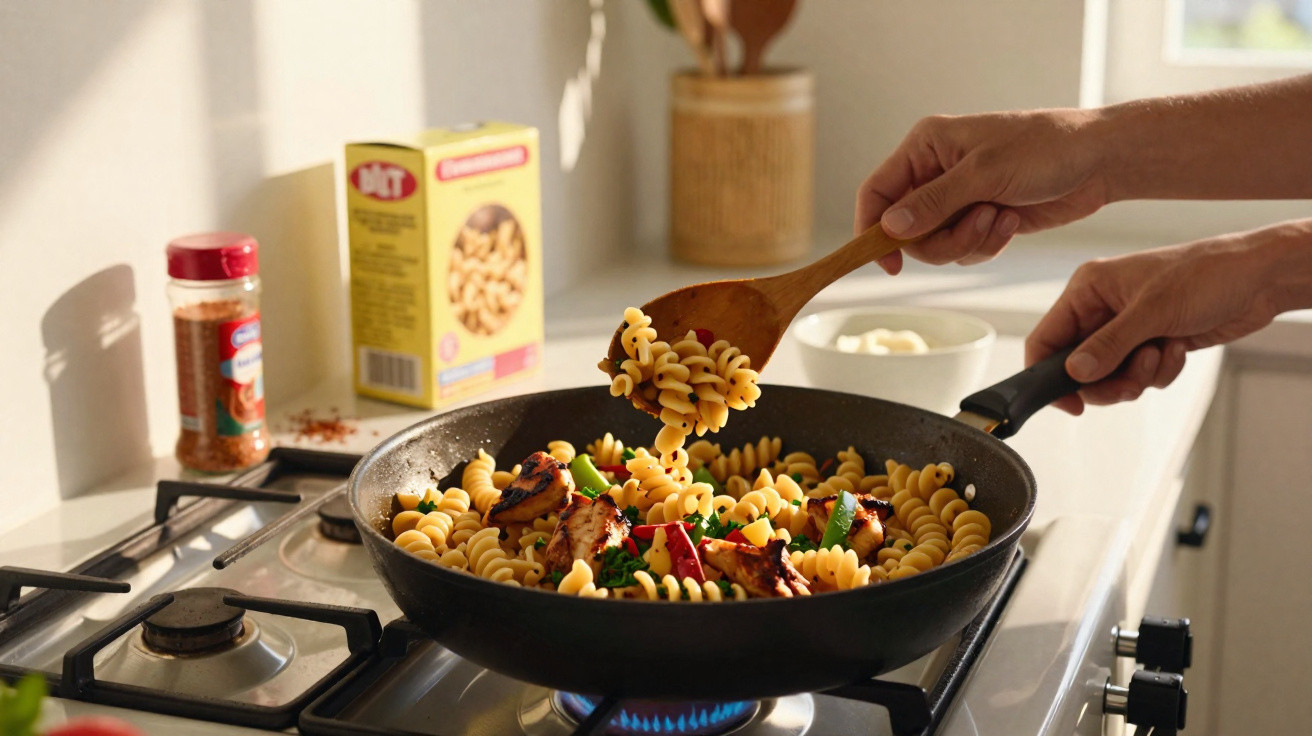 Pessoa a cozinhar massa com legumes e frango numa frigideira no fogão a gás em cozinha iluminada.
