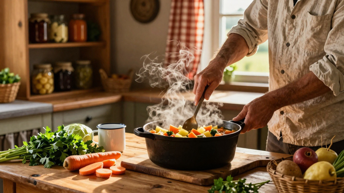 Pessoa a mexer uma panela de legumes fumegantes na cozinha rústica com legumes frescos na bancada.