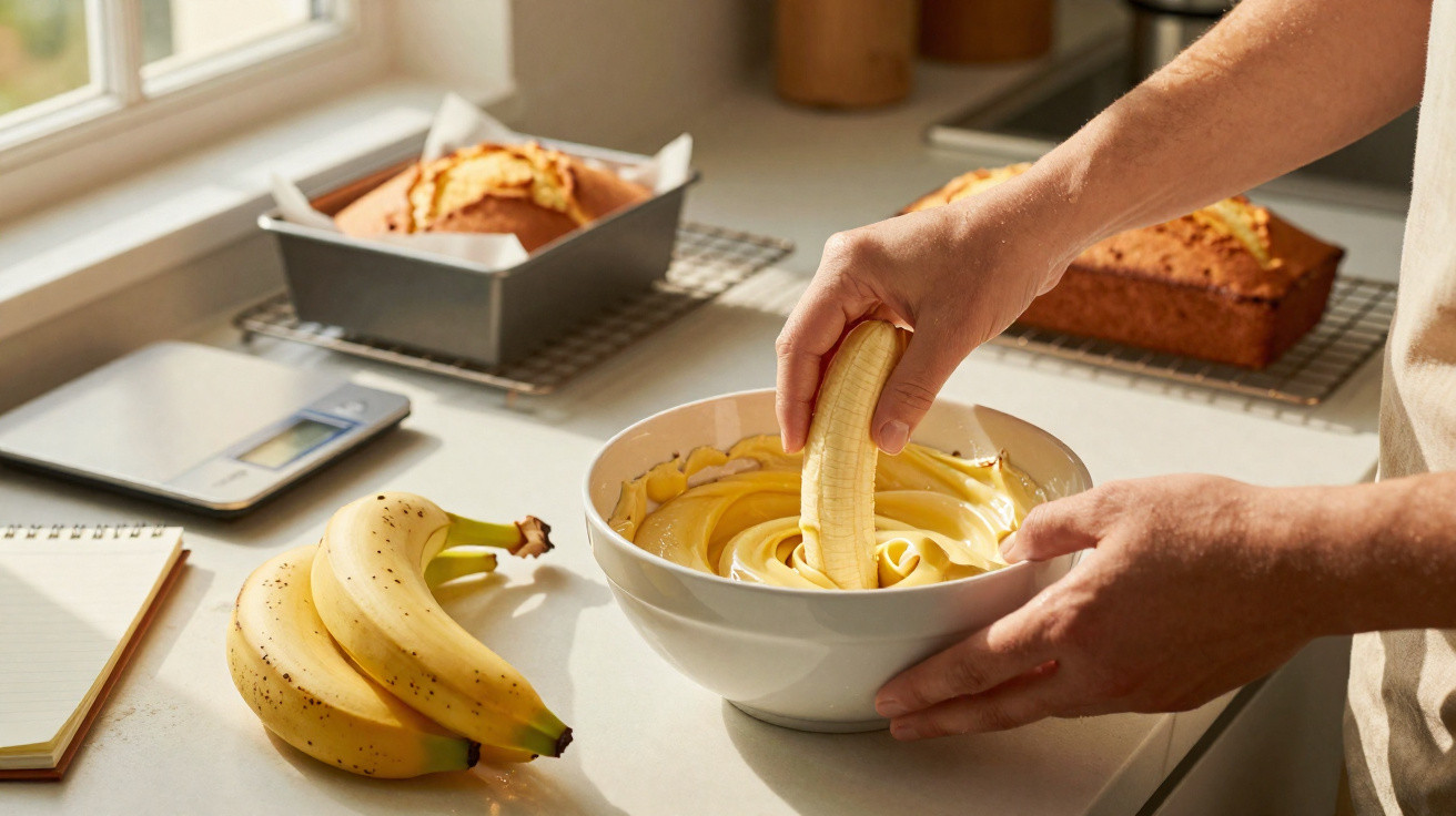 Pessoa a mergulhar uma banana numa tigela com creme amarelo, com bananas maduras e bolo no fundo.