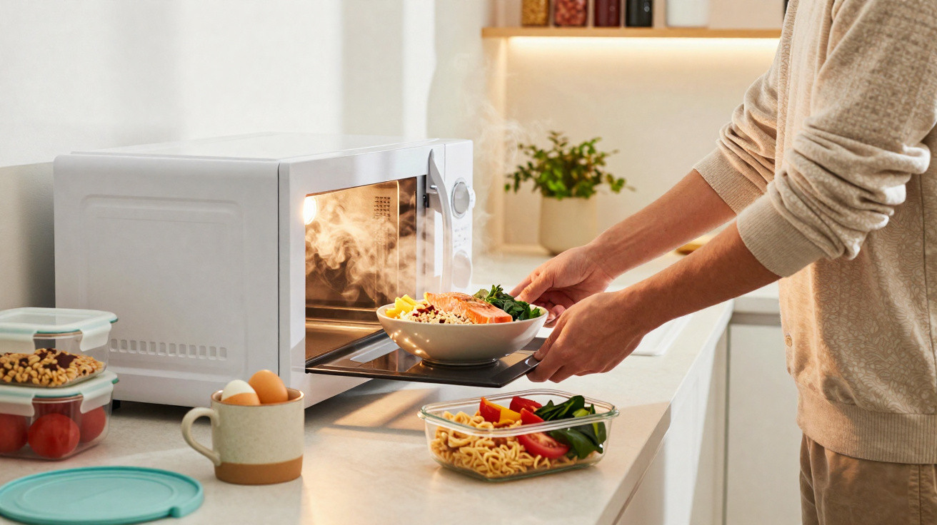 Pessoa a retirar prato quente de micro-ondas numa cozinha moderna, com tigela de comida e ovos na bancada.