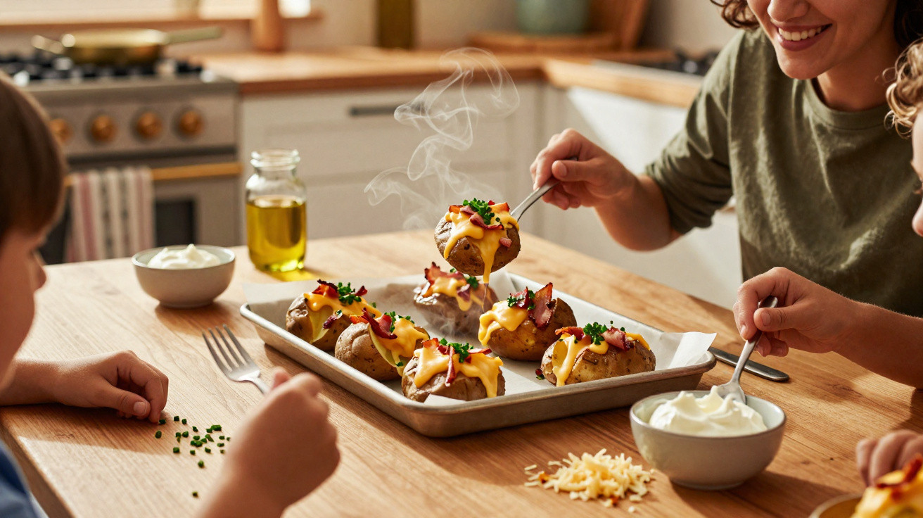 Família a partilhar batatas assadas com queijo, bacon e cebolinho numa cozinha acolhedora.