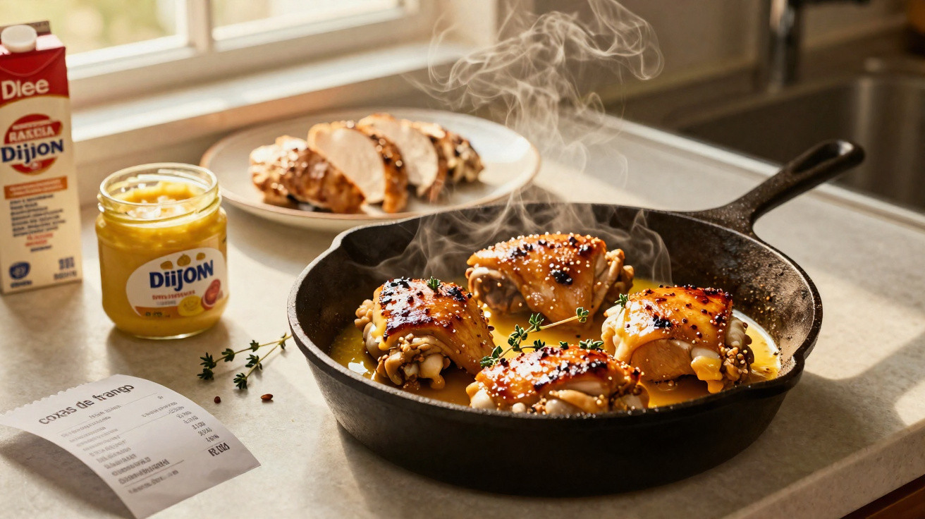 Frango a cozinhar em frigideira com mostarda Dijon, talheres de frango e ervas aromáticas numa bancada de cozinha.