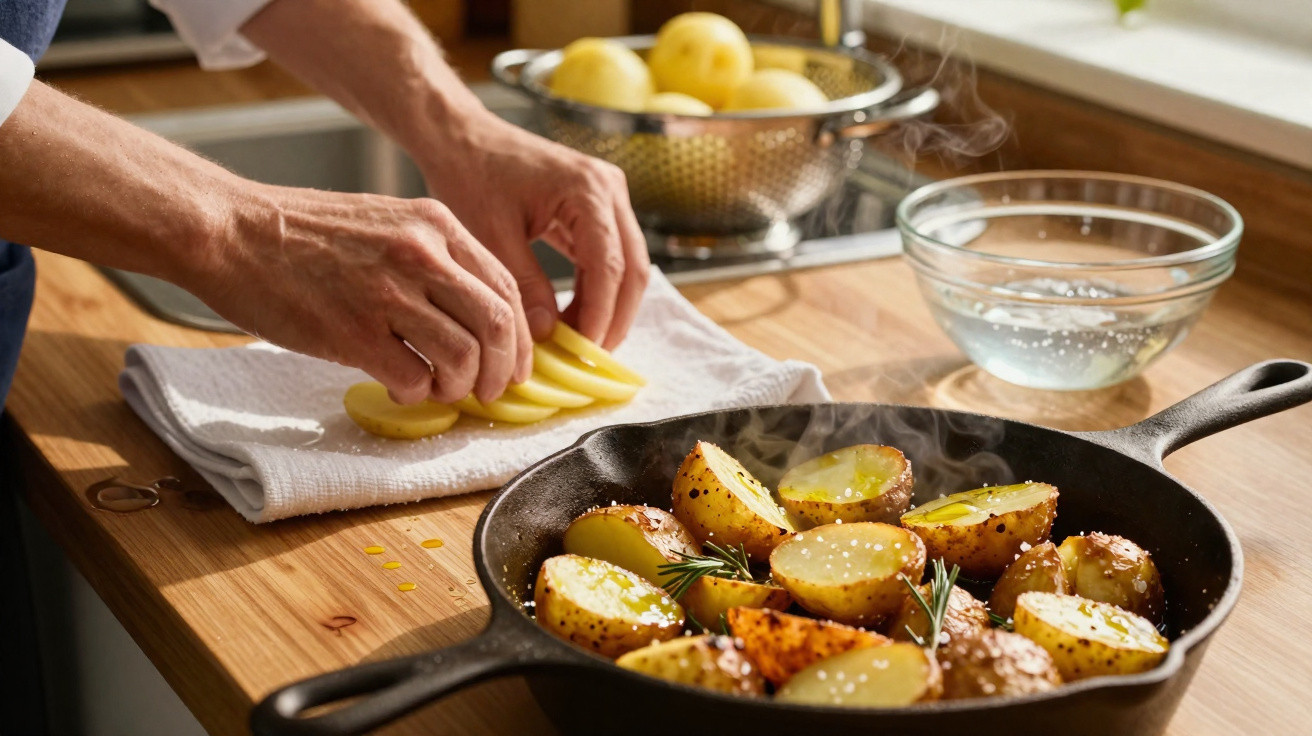 Mãos a preparar batatas fatiadas para cozinhar em frigideira com batatas assadas e ervas aromáticas.