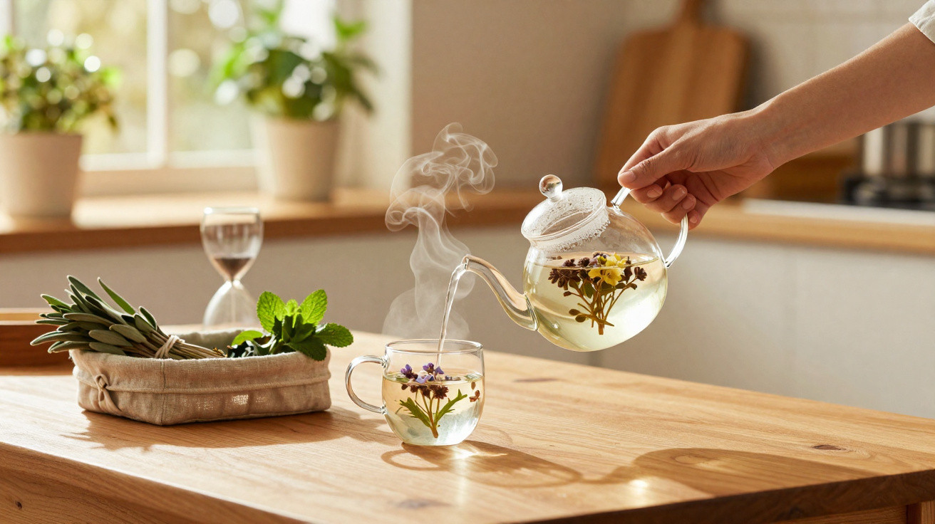 Chaleira de vidro a servir chá floral quente numa chávena de vidro numa mesa de madeira.
