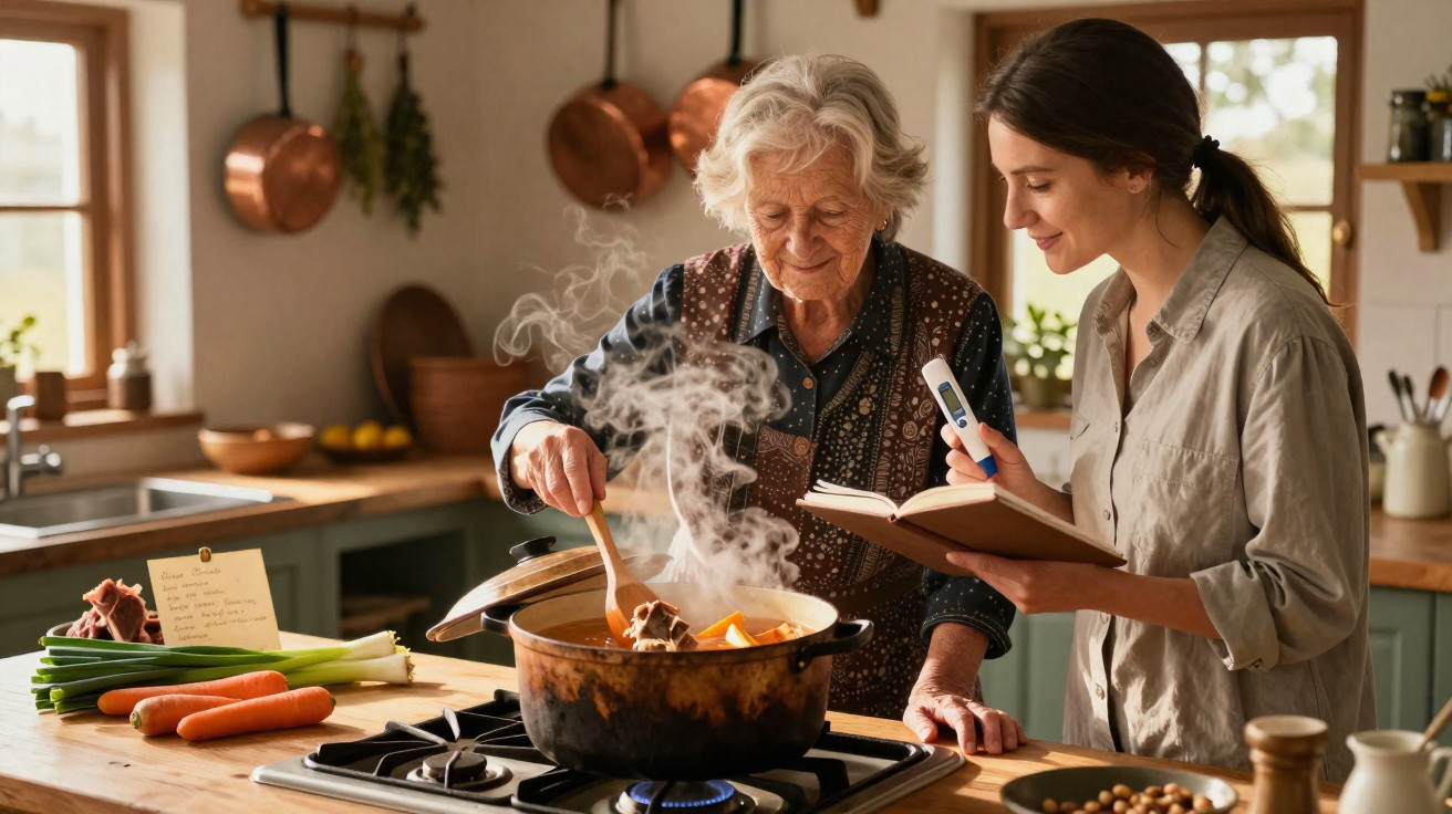 Avó e neta cozinham juntas numa cozinha rústica, com legumes e receita em mãos.