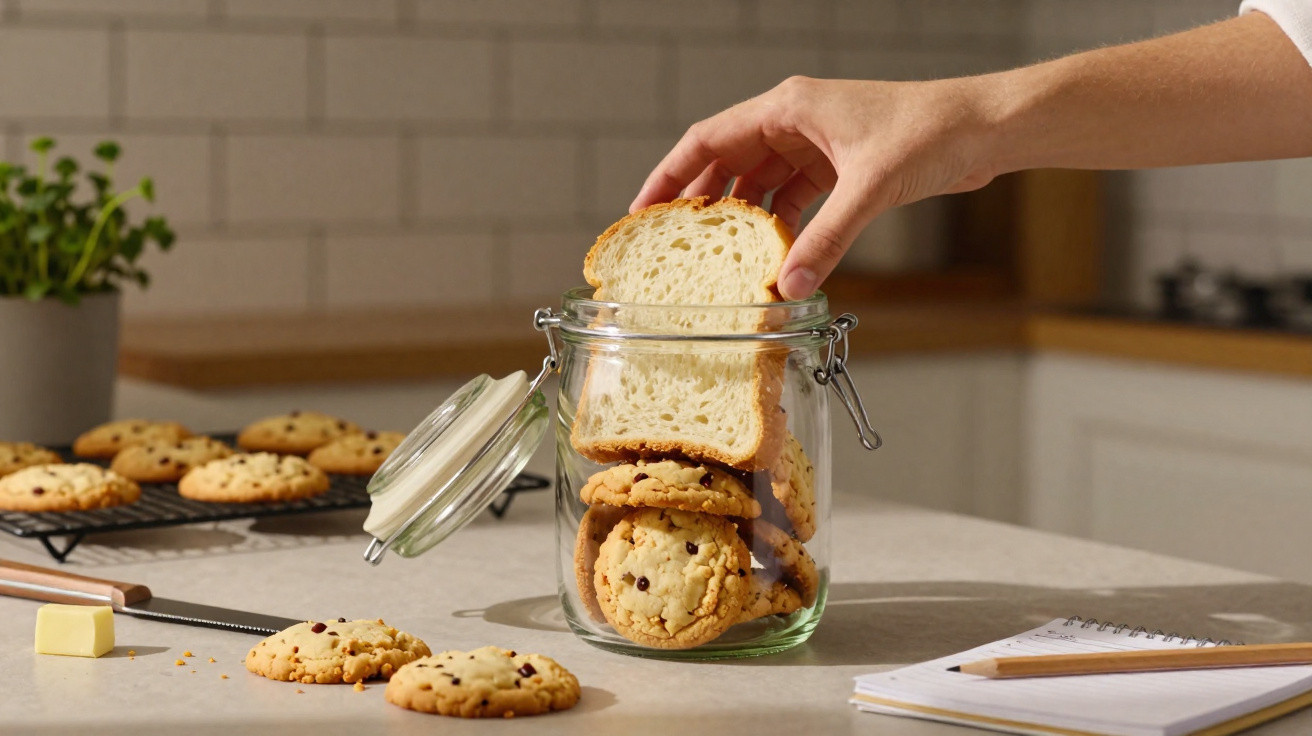 Mão a colocar fatia de pão em frasco com biscoitos numa bancada de cozinha com biscoitos e bloco de notas.