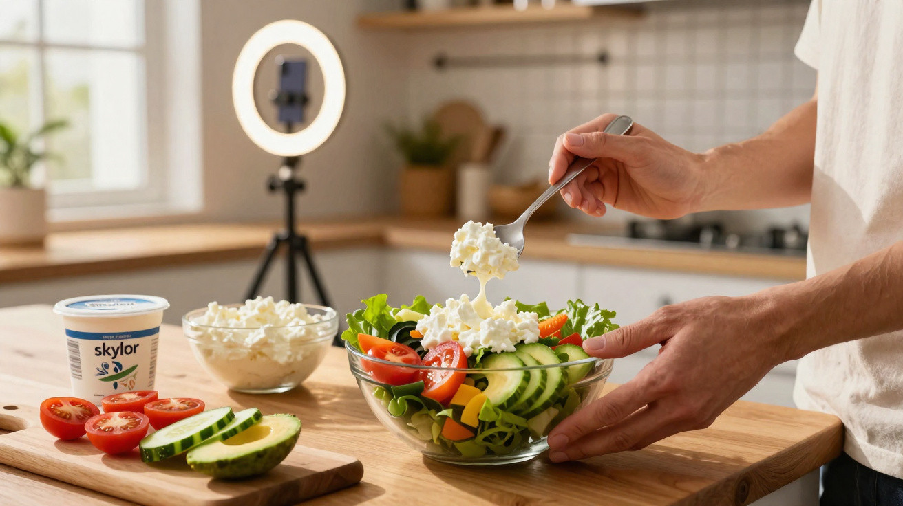 Pessoa a colocar queijo fresco numa salada com tomates, pepino e alface numa cozinha moderna.
