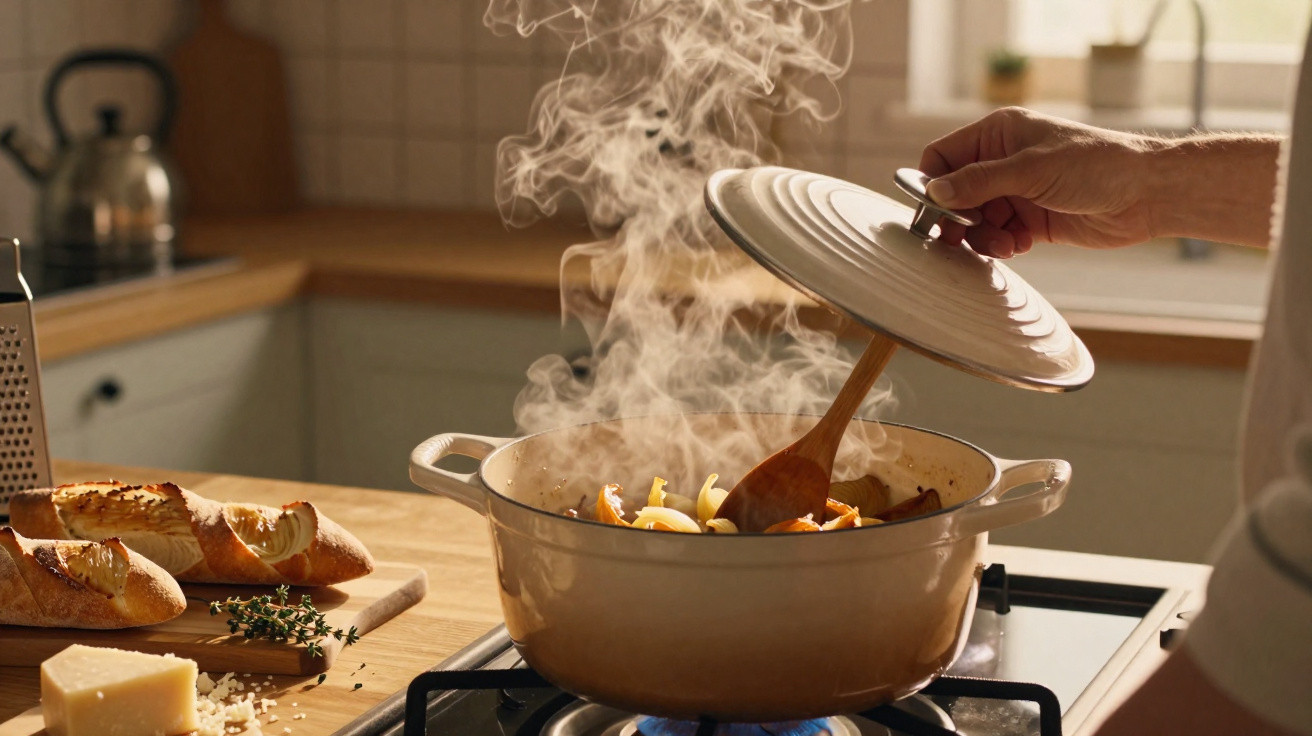 Panela com refogado a cozinhar a vapor no fogão numa cozinha com pão e queijo à esquerda.