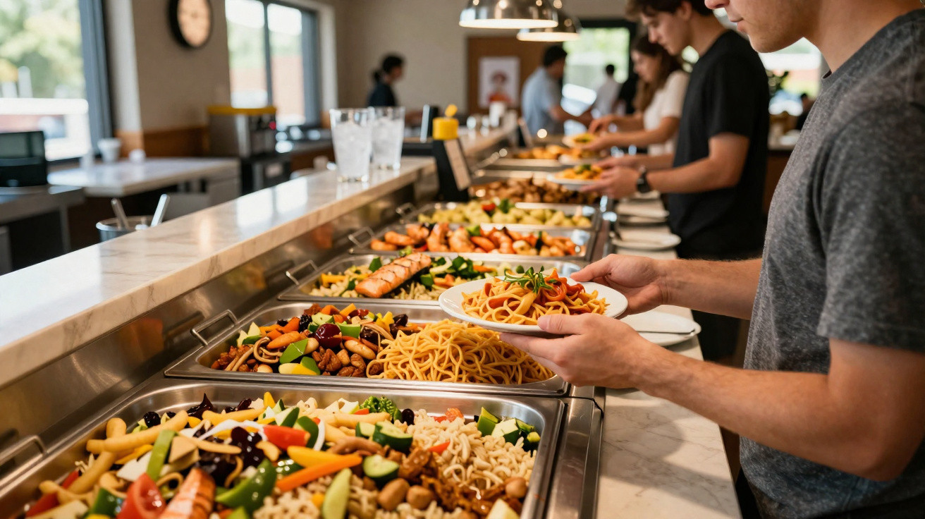 Pessoas a servir-se num buffet com variedade de pratos, incluindo massas, legumes e saladas num restaurante.