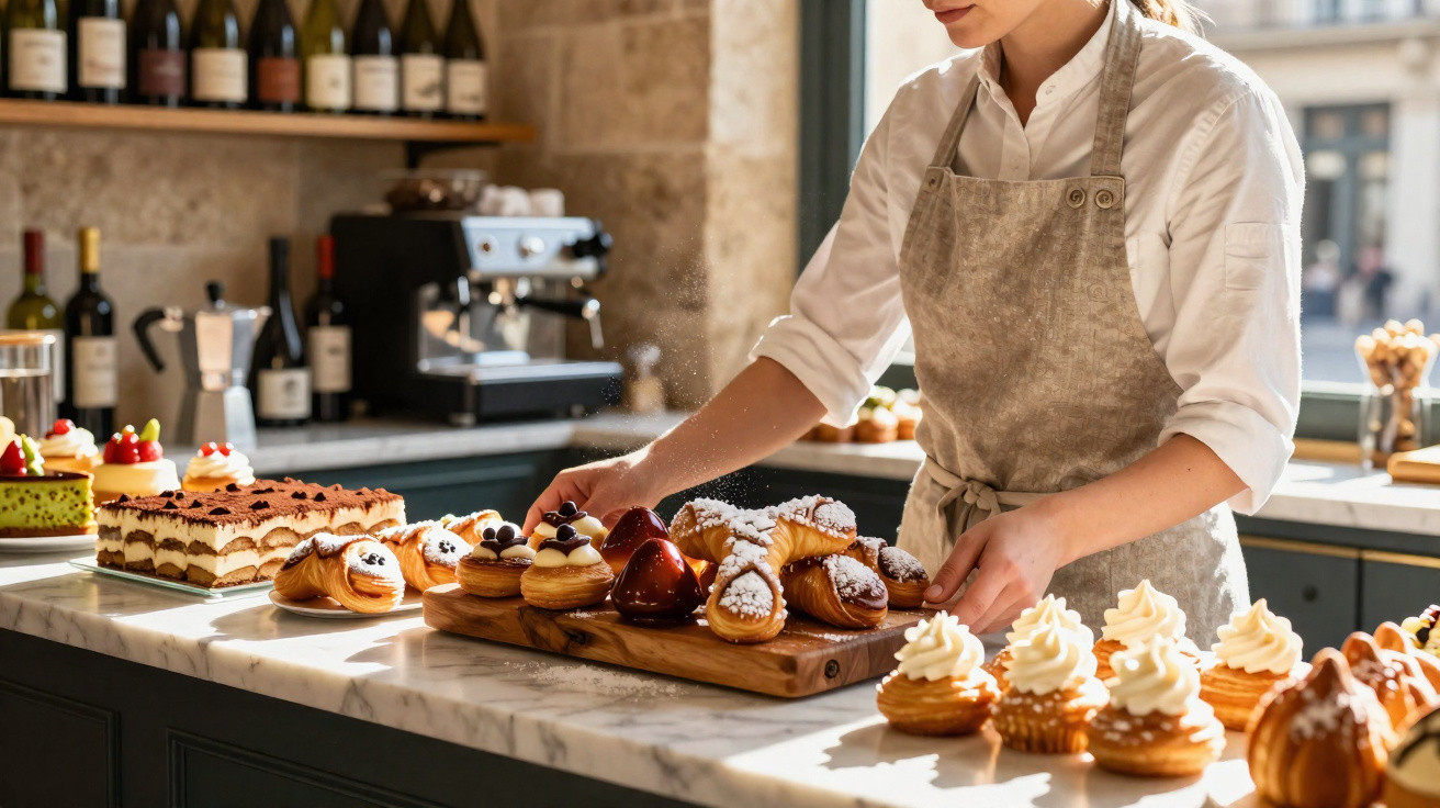 Pessoa a organizar uma variedade de doces e bolos numa pastelaria com garrafas de vinho ao fundo.