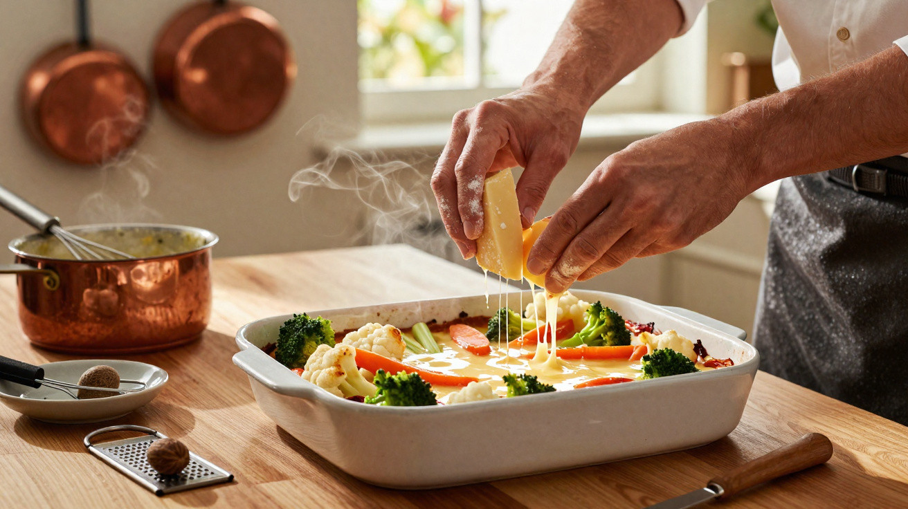 Mãos a adicionar queijo ralado a uma travessa com legumes frescos para gratinar numa cozinha iluminada.