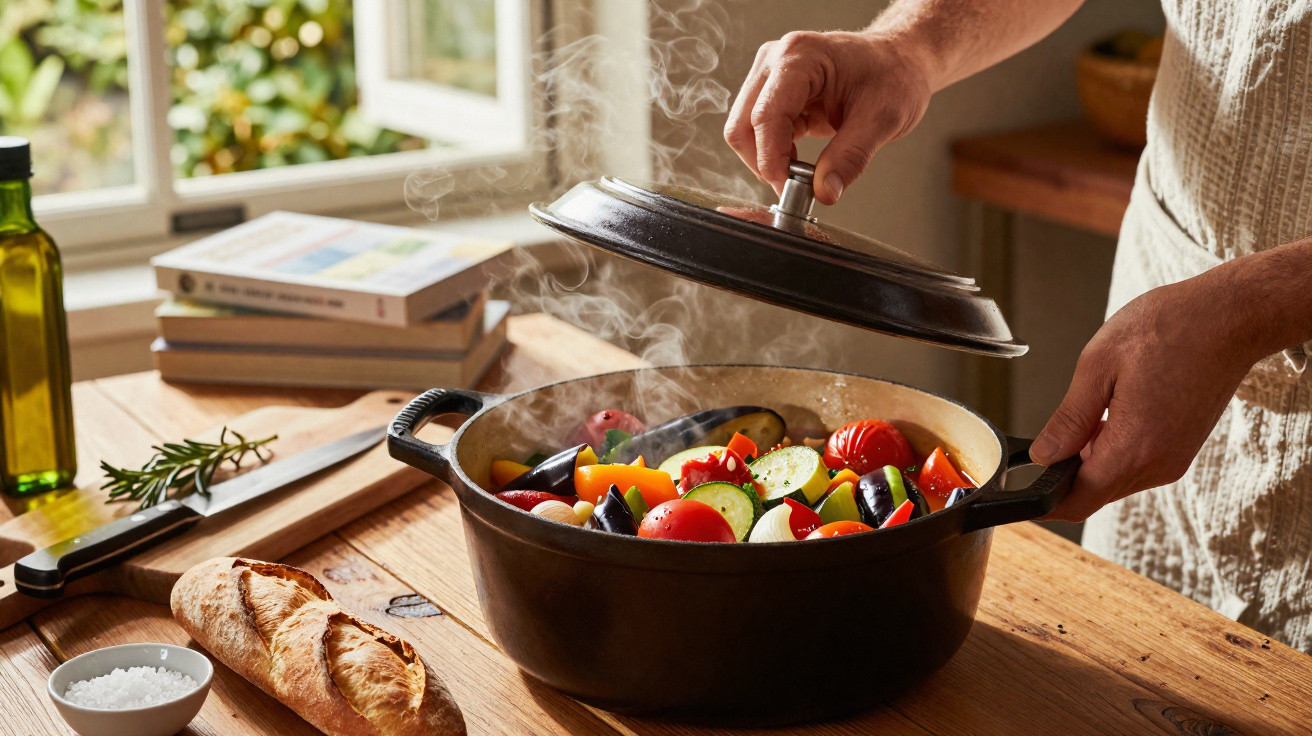 Pessoa a levantar a tampa de tacho com legumes variados a cozinhar, em cozinha rústica iluminada natural.