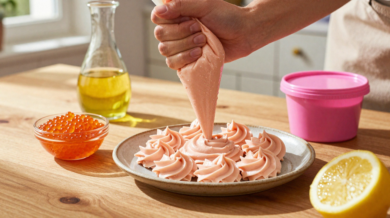 Pessoa a fazer decorações com creme cor-de-rosa num prato, com caviar, azeite e limão na mesa de madeira.