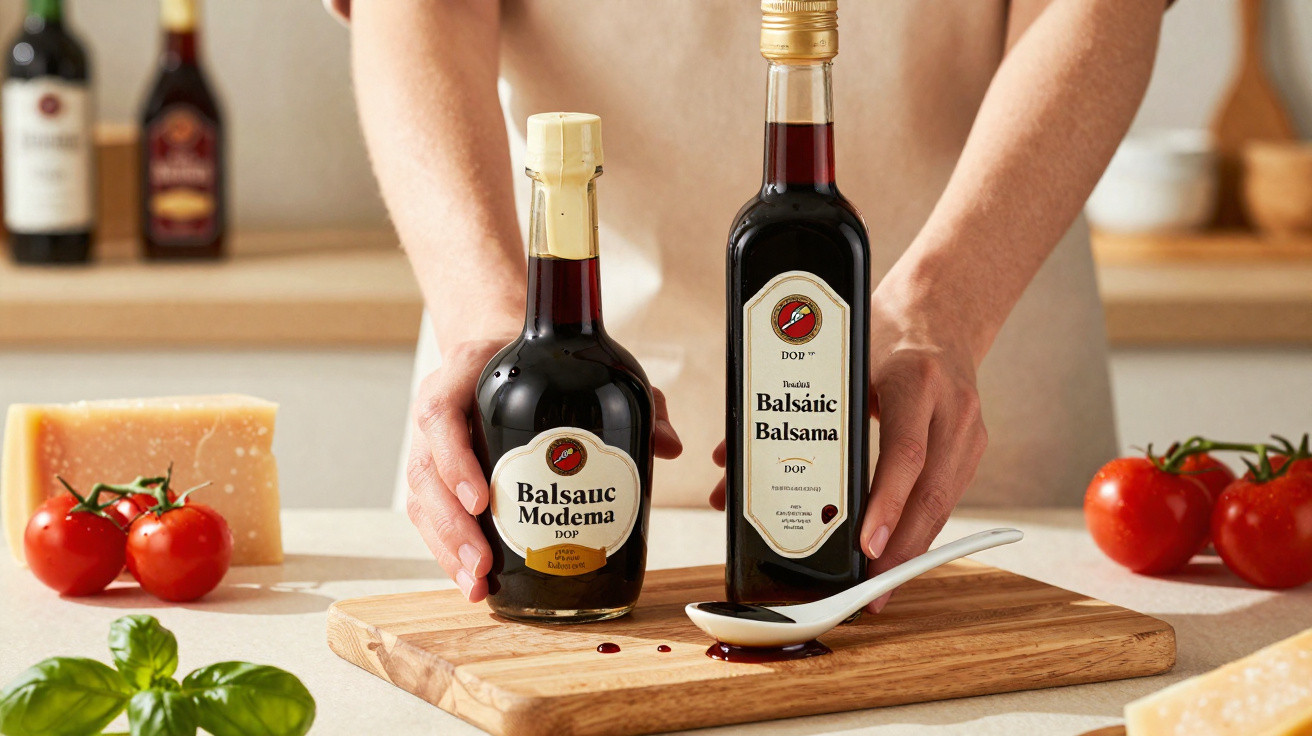 Duas garrafas de vinagre balsâmico num tabuleiro de madeira com tomates, queijo e manjericão ao fundo.