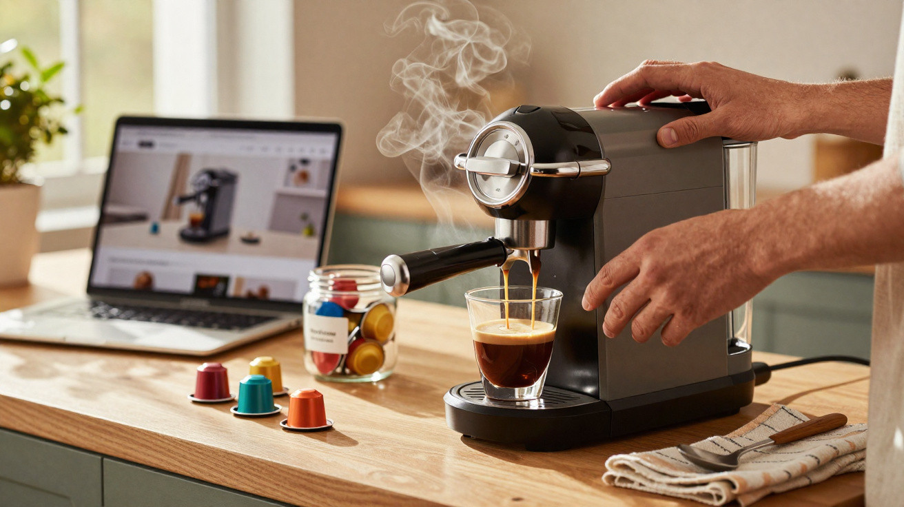 Pessoa a preparar café numa máquina expresso com cápsulas, com laptop aberto e cápsulas num frasco na bancada.