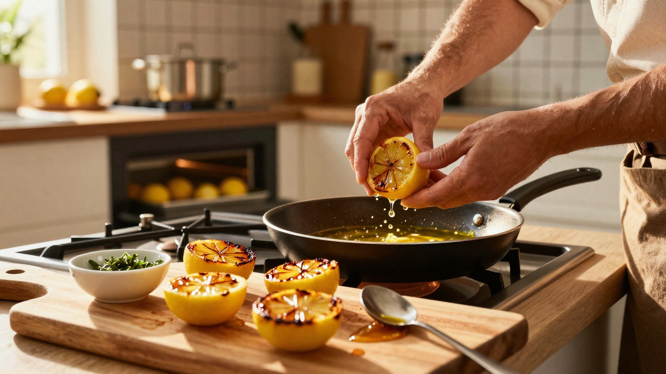 Pessoa espremendo limão grelhado numa frigideira numa cozinha moderna com limões e ervas na bancada.