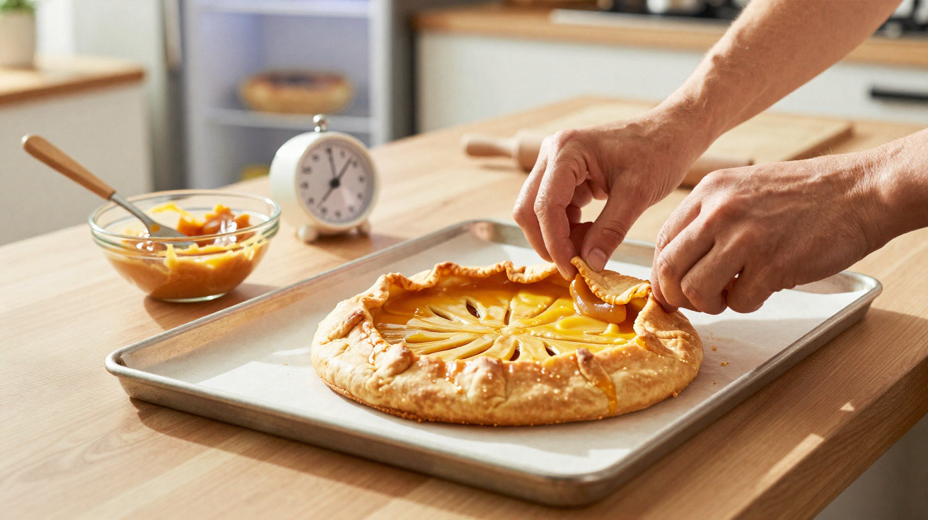 Mãos a dobrar a borda de uma tarte rústica de maçã numa tabuleiro no balcão da cozinha com um relógio e uma taça com recheio 