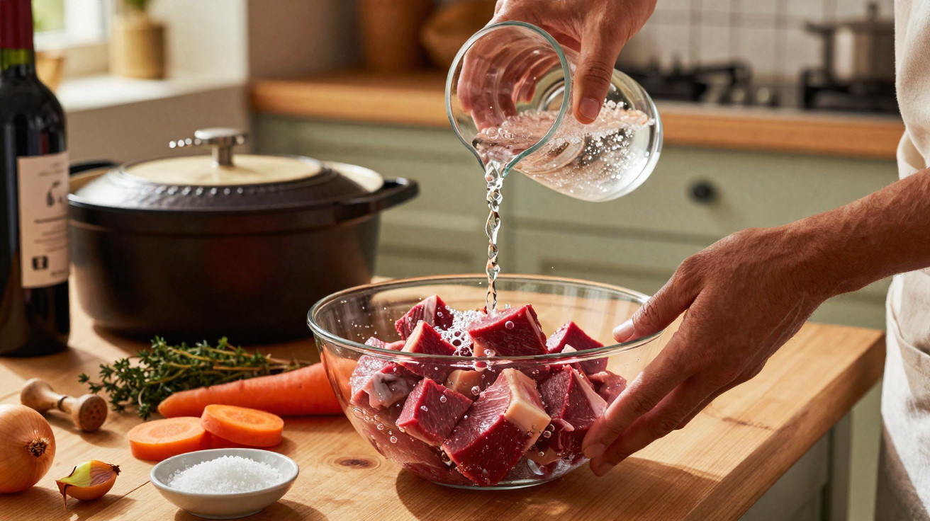 Pessoa a verter líquido num recipiente com pedaços de carne numa cozinha com legumes e panela ao fundo.