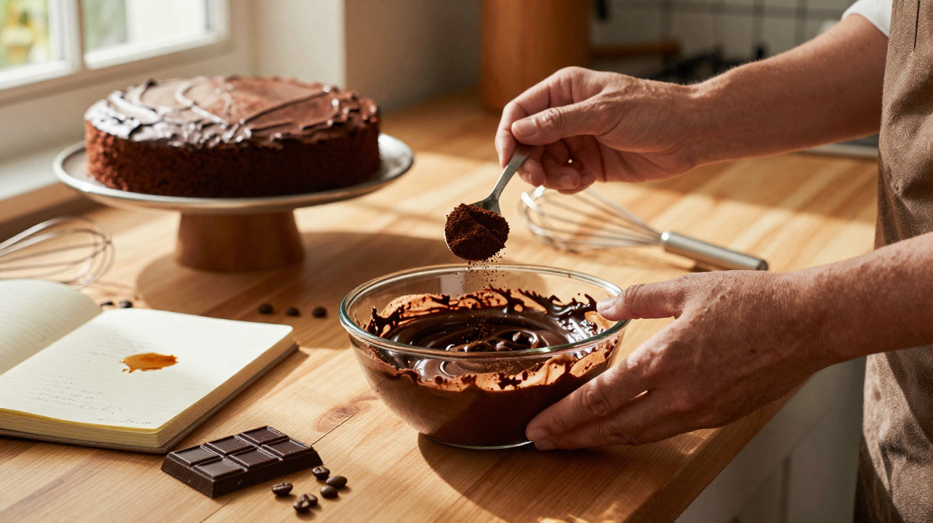 Pessoa a preparar cobertura de chocolate numa tigela, com bolo de chocolate e ingredientes numa mesa de madeira.
