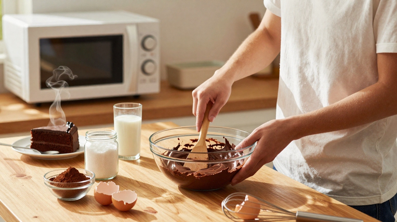 Pessoa a mexer chocolate derretido numa taça de vidro, com ingredientes para bolo e fatia de bolo ao fundo.