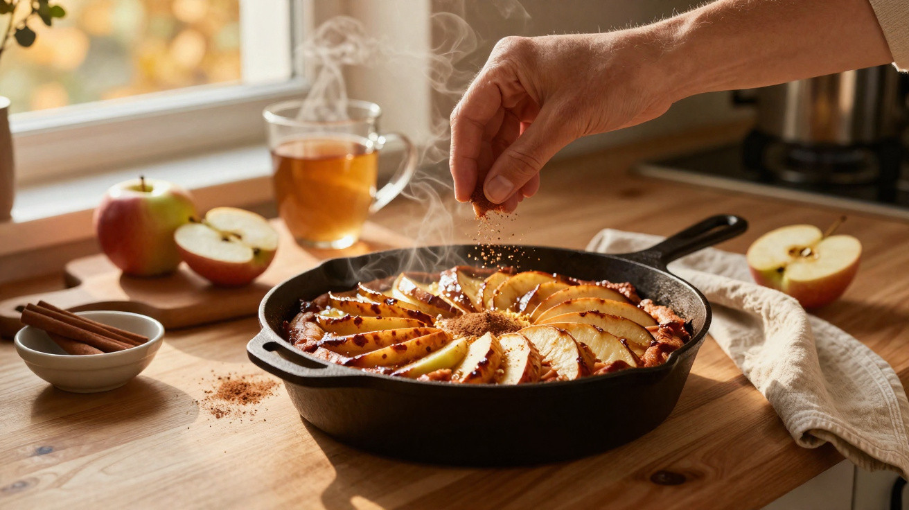 Mão a polvilhar canela em tarte de maçã quente numa frigideira, com chá e maçãs ao fundo na mesa de madeira.