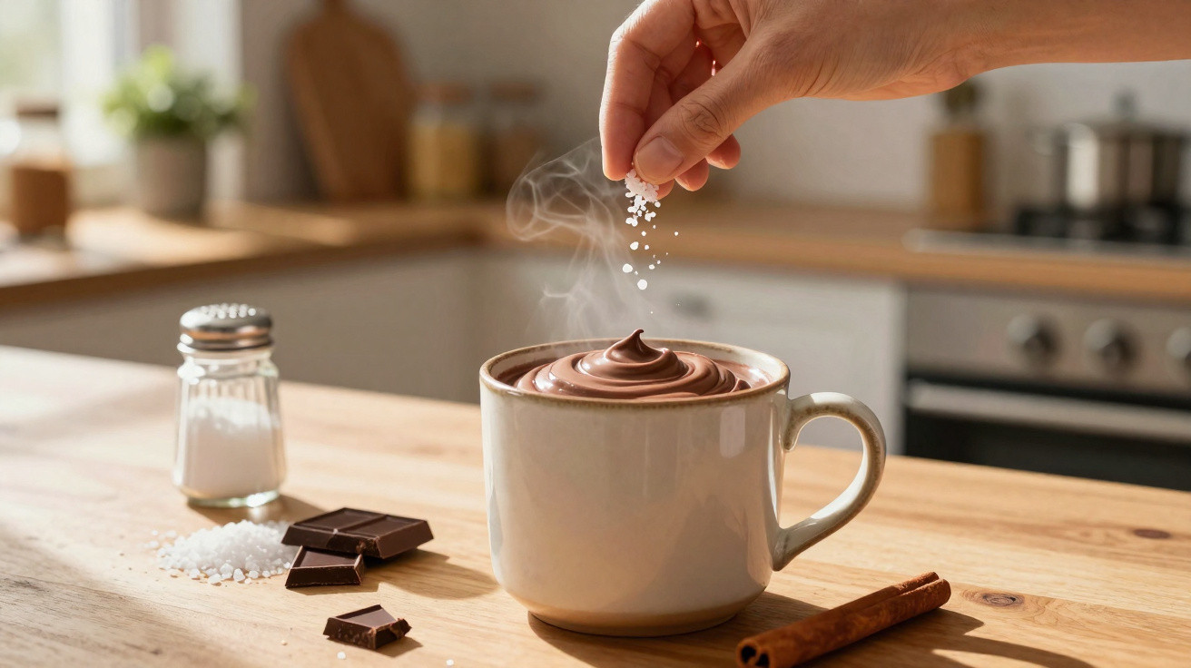 Mão a deitar sal num copo de chocolate quente com vapores, numa mesa de cozinha com barra de chocolate e pau de canela.