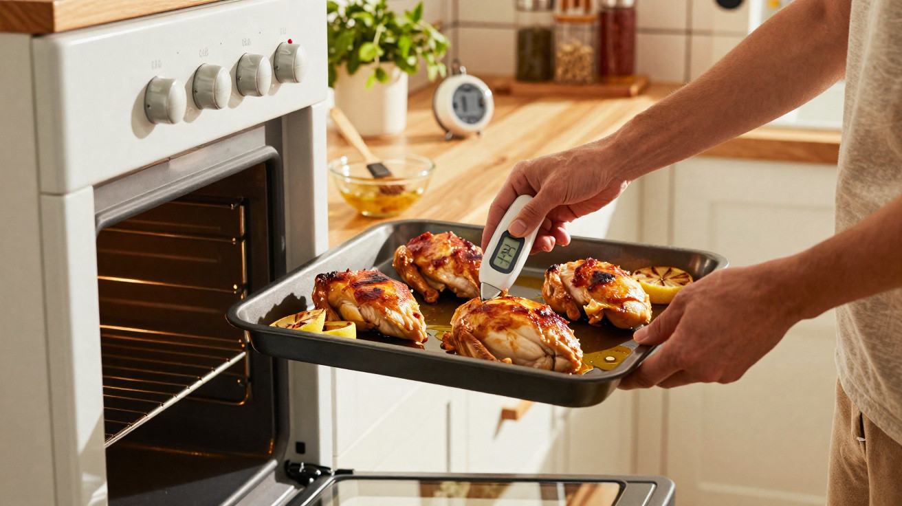 Pessoa a usar termómetro para medir temperatura de frango assado num tabuleiro junto a forno aberto numa cozinha.