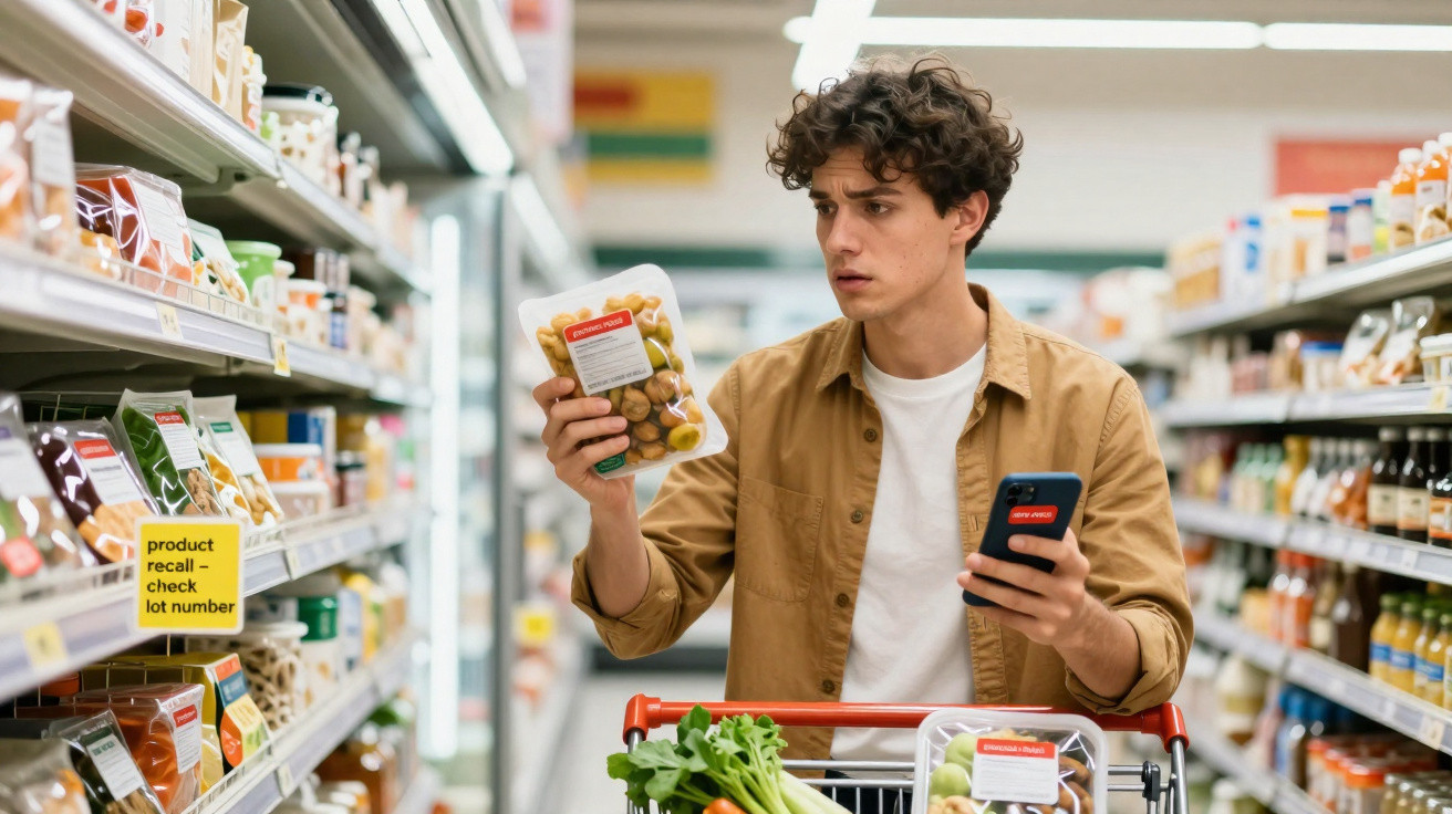 Homem jovem no supermercado atento ao rótulo de um produto enquanto segura telemóvel junto a carrinho de compras.
