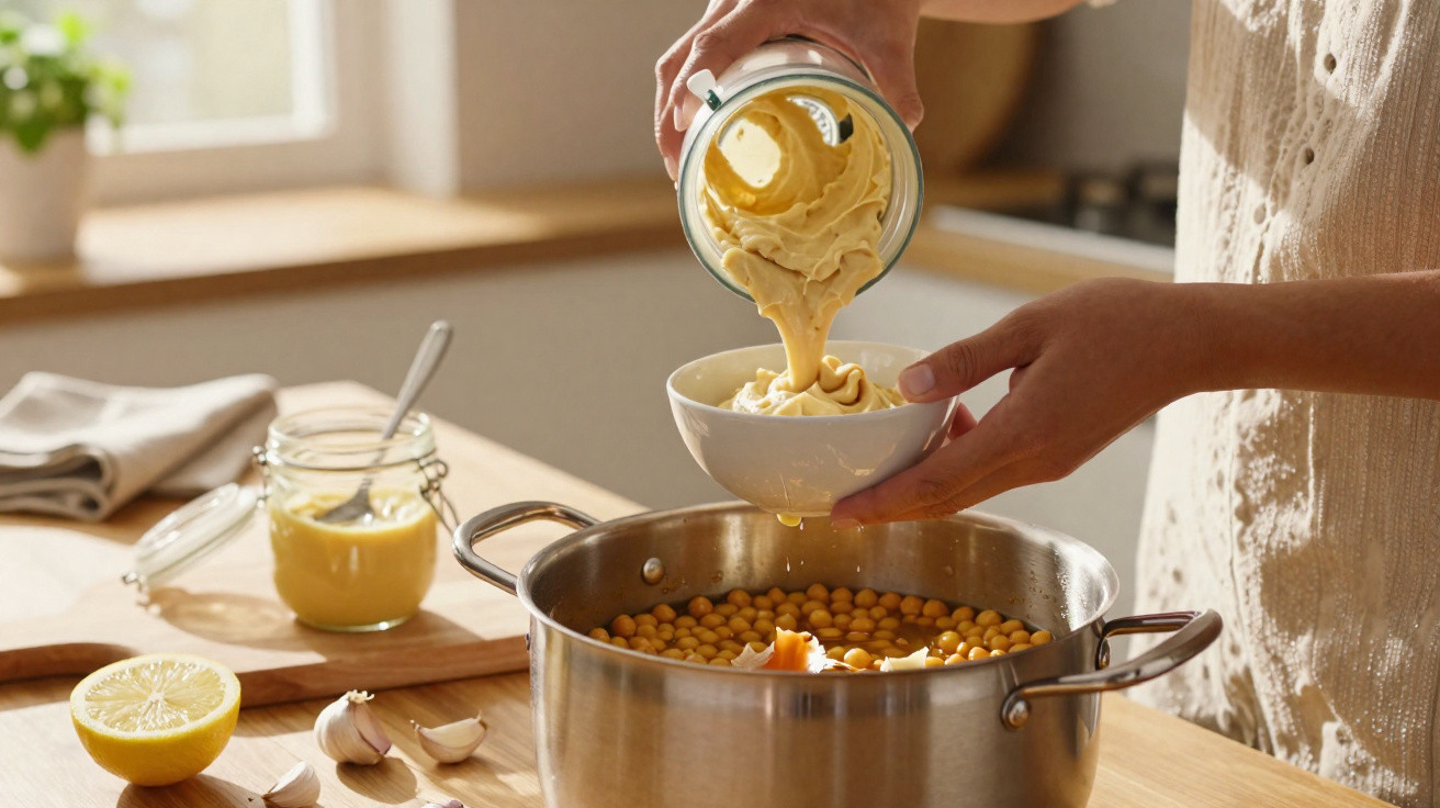Pessoa a colocar molho cremoso numa taça sobre uma panela com grão-de-bico na cozinha iluminada.
