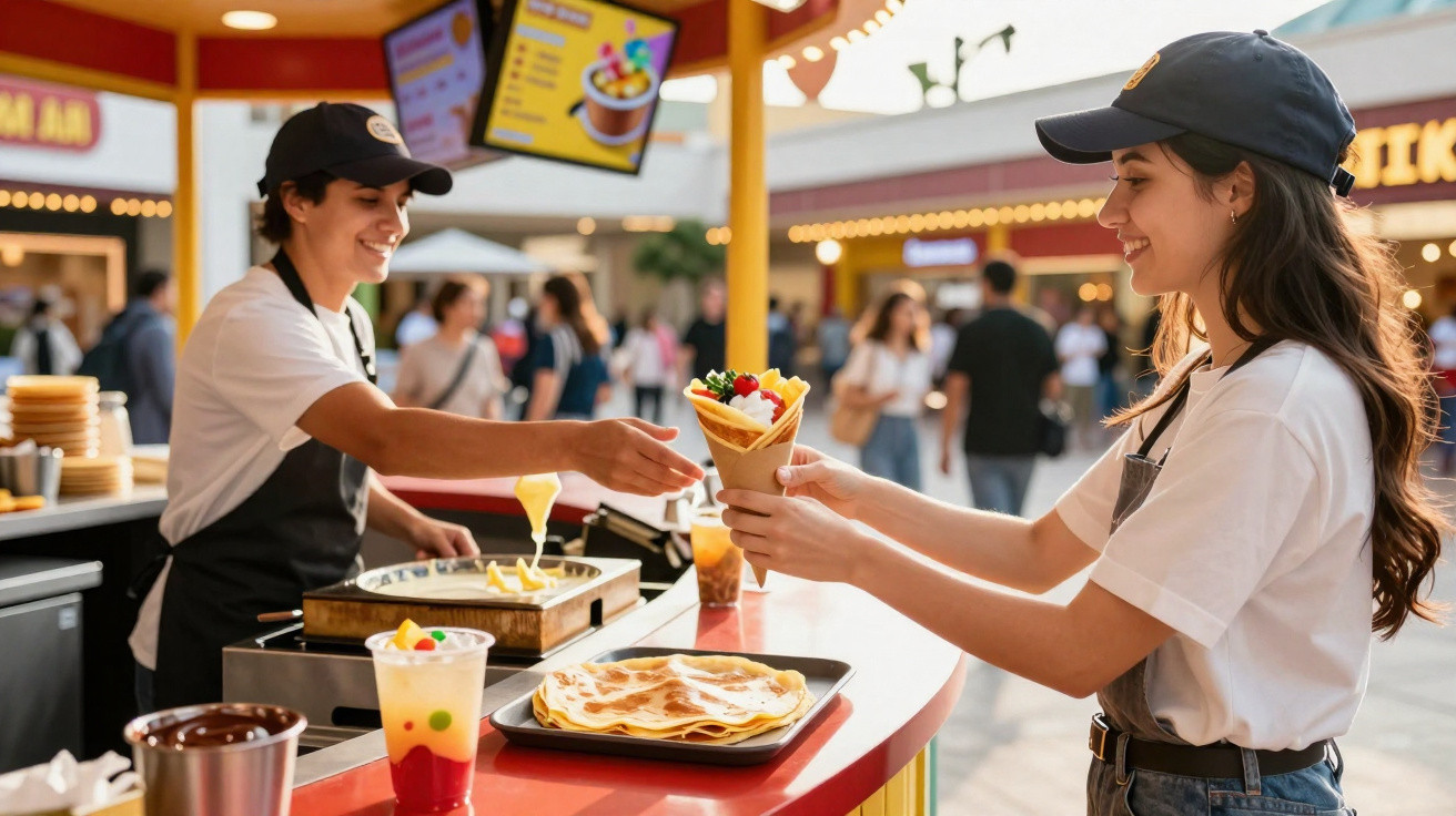 Funcionária entrega crepe com frutas a cliente num quiosque de comida ao ar livre.