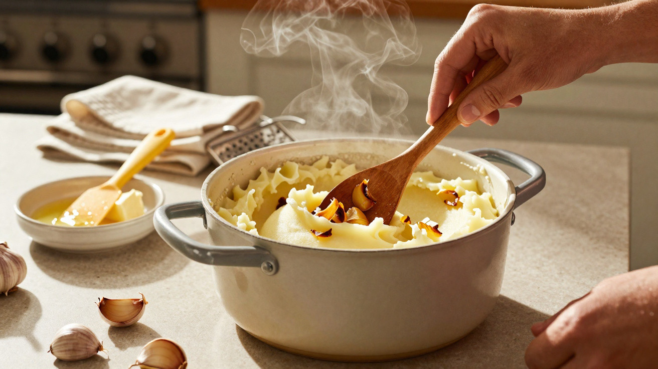 Mãos mexendo puré de batata quente com alho picado numa panela cinzenta numa bancada de cozinha.