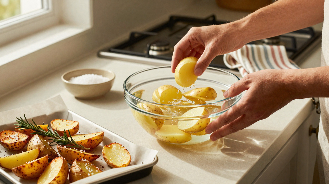 Mãos a lavar batatas cortadas numa taça de vidro, com assadeira de batatas temperadas ao lado.