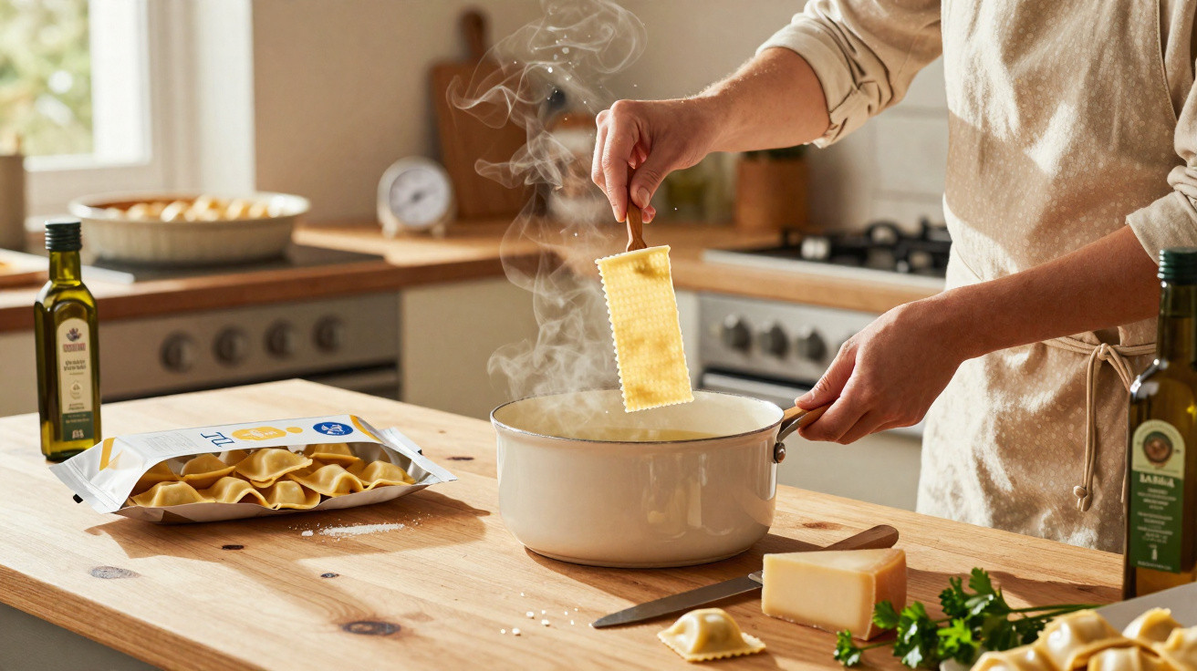 Pessoa a cozinhar ravioli com panela de água a ferver numa cozinha moderna e rústica.