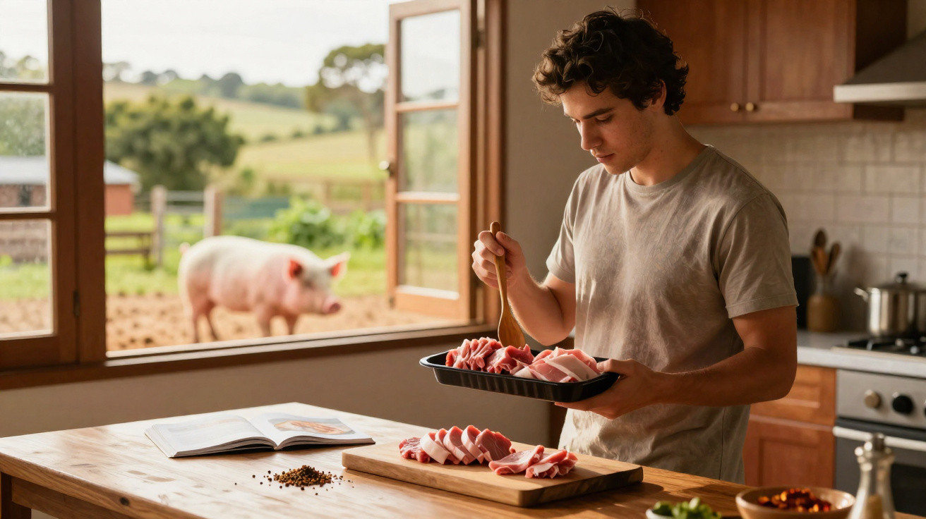 Jovem tempera pedaços de carne na cozinha com porco visível na janela aberta da quinta.