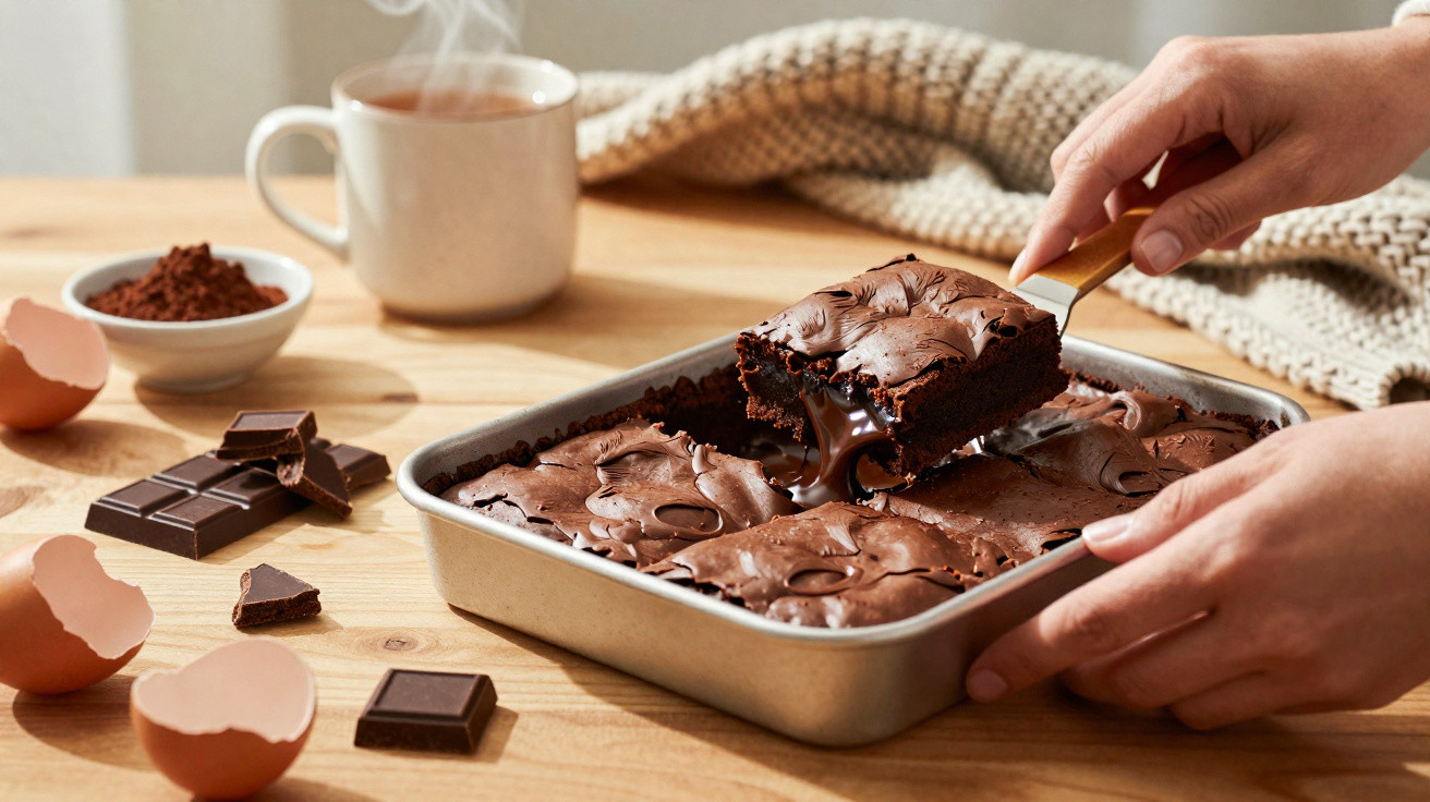 Pessoa a levantar pedaço de bolo de chocolate húmido em tabuleiro, com chá, ovos e chocolate ao lado na mesa de madeira.