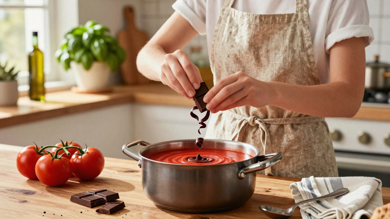 Pessoa a adicionar chocolate a uma panela com molho de tomate numa cozinha moderna.