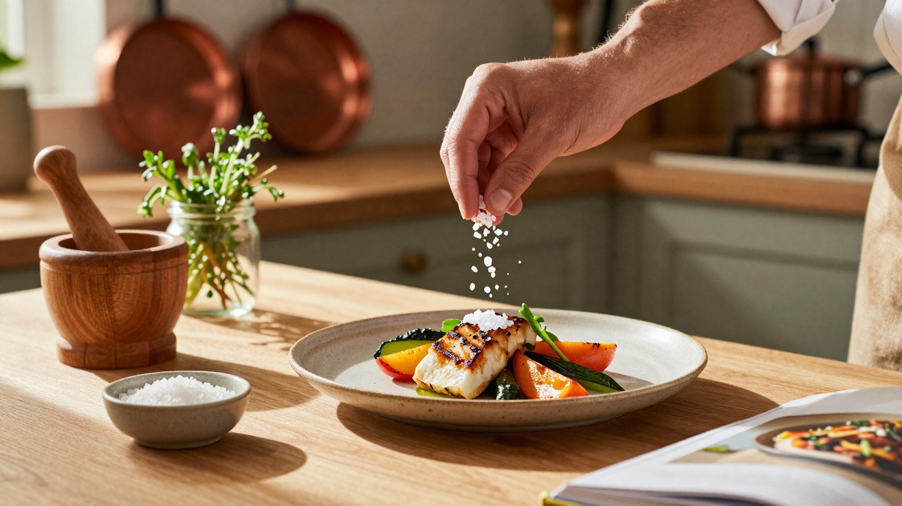 Mão a temperar peixe grelhado com sal grosso numa cozinha com legumes e almofariz em madeira.