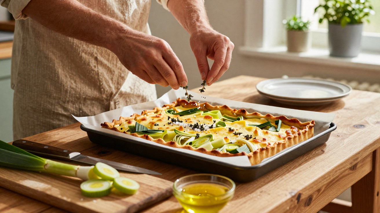Pessoa a guarnecer torta salgada com ervas frescas numa cozinha iluminada.