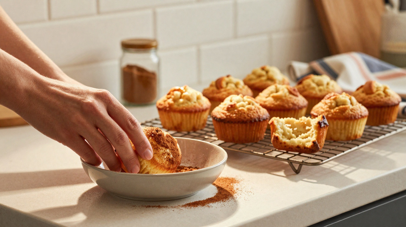Mão a mergulhar muffin num prato com canela, vários muffins a arrefecer numa grelha na cozinha.
