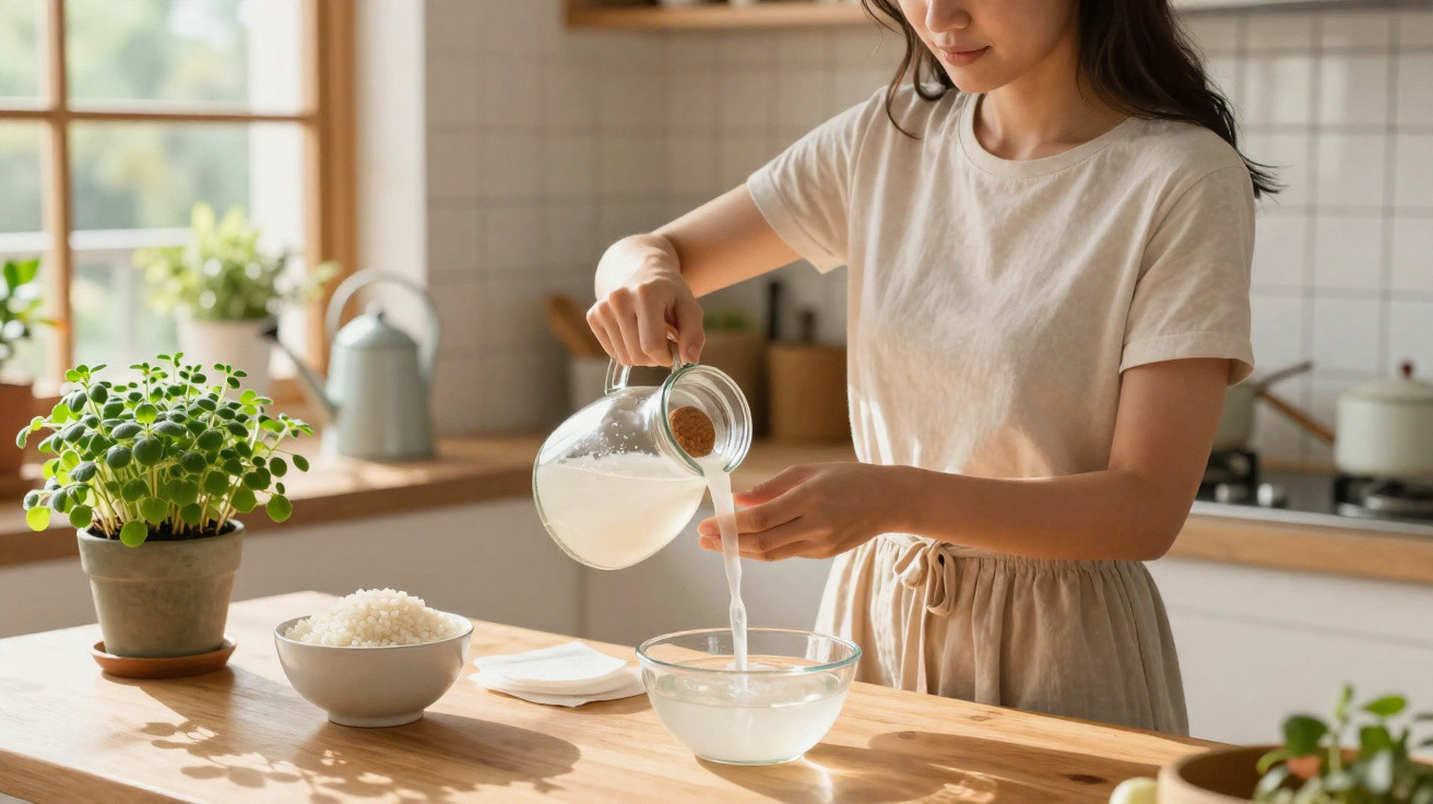 Mulher a verter líquido de jarro para taça na cozinha, com planta e tigela de arroz na bancada.