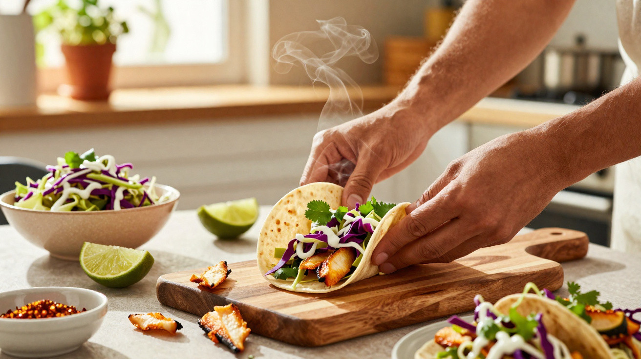Mãos a montar taco quente com frango grelhado, coentros, repolho roxo e molho numa cozinha iluminada.