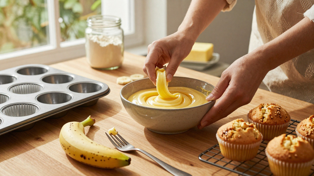 Pessoa a mergulhar pedaço de banana em creme amarelo, rodeada por muffins, banana e tabuleiro de muffins.