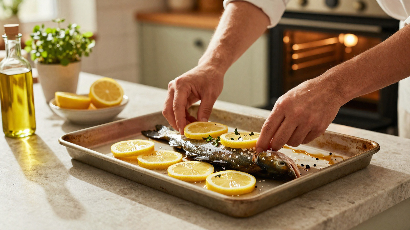 Mãos a temperar peixe numa tabuleiro com limão, ervas e especiarias numa cozinha moderna.