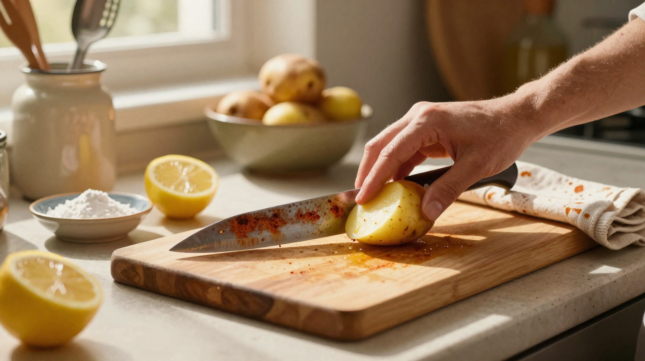 Mão a cortar batata com faca numa tábua de madeira numa cozinha iluminada por luz natural.